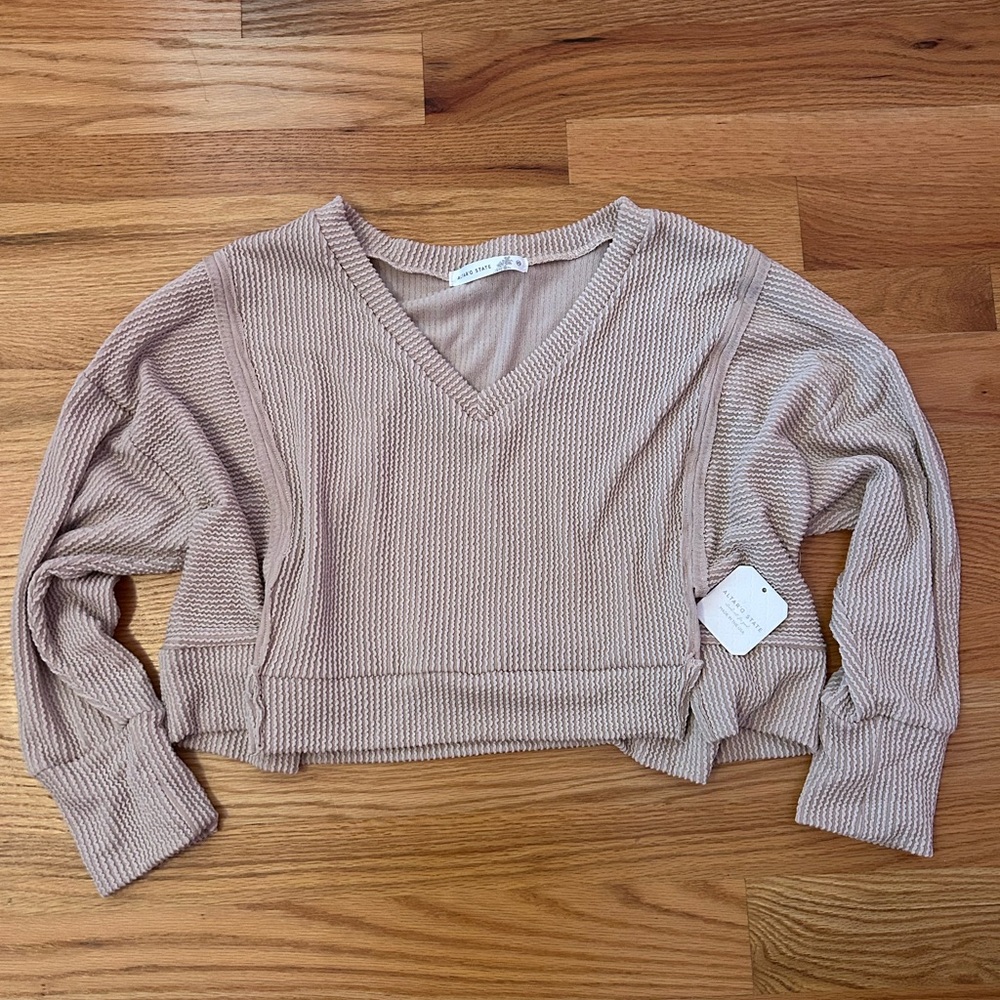 Altar'd State V-Neck Ribbed Sweatshirt in Oat